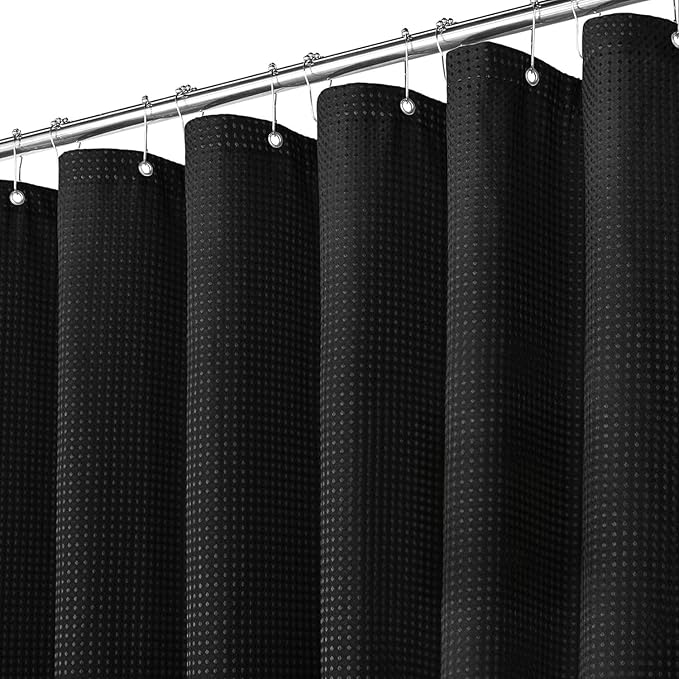 Inhousolu Fabric Shower Curtain Waffle Weave, 230 GSM Heavy Duty, Weighted Hem, 12 Metal Hooks, Water Repellent, Machine Washable, Hotel Spa Luxury Bath Curtain Set, 60 x 72 Inch, Black