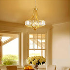 XINGQI Gold Chandeliers Modern Crystal Dining Room Light Fixture Pendant 4-Light, Rustic Chandeliers with Round Metal Lampshade for Living Room Hallway Bedroom Foyer