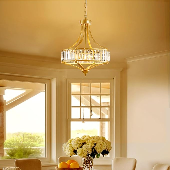 XINGQI Gold Chandeliers Modern Crystal Dining Room Light Fixture Pendant 4-Light, Rustic Chandeliers with Round Metal Lampshade for Living Room Hallway Bedroom Foyer