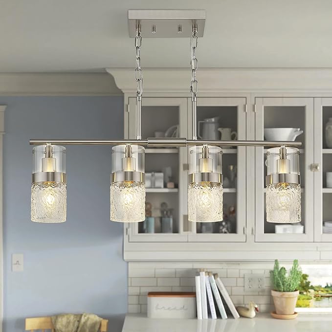 LMS 4-Light Brushed Nickel Island Chandelier Lights for Kitchen, Mid Century Pendant Light with Hammered Glass Shade, Farmhouse Dining Room Light Fixture, Kitchen Island, LMS-171BN-4