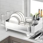 Dish Drying Rack, 304 Stainless Steel Dish Racks for Kitchen Counter, Dish Drainers with Automatic Drainage, Utensil Holder & Cups Holder, Space Saving Kitchen Organizer, White
