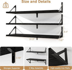 Fun Memories Floating Shelves, 32 x 8 Inches, Set of 3 Wall-Mounted Bookshelves with Metal Brackets, Decorative Storage for Home and Office (Black)