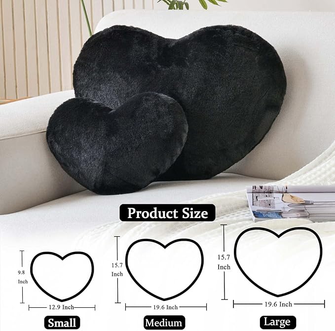 Black Heart Pillows, Cute Heart Decorative Pillow, Heart Shaped Throw Pillows for Bed, Faux Rabbit Fur Plush Hoom Decor Pillow Cushion for Chair Sofa Living Room (Large-19.6"x15.7")