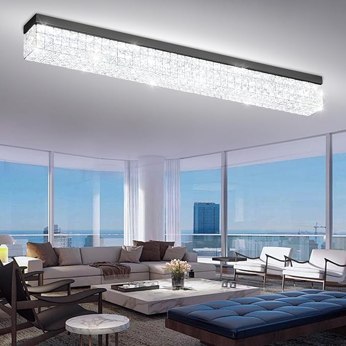 L48 Rectangular Chandelier Flush Mount Rectangle Chandelier Modern K9 Crystal Chandeliers Light Fixture for Dining Room Bedroom Bar Black Crystal Ceiling Lights