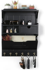 Wall Mail Organizer with Storage Drawer and 6 Hooks, Easy Install Key Rack for Entryway and Home Decor, Luxury Black