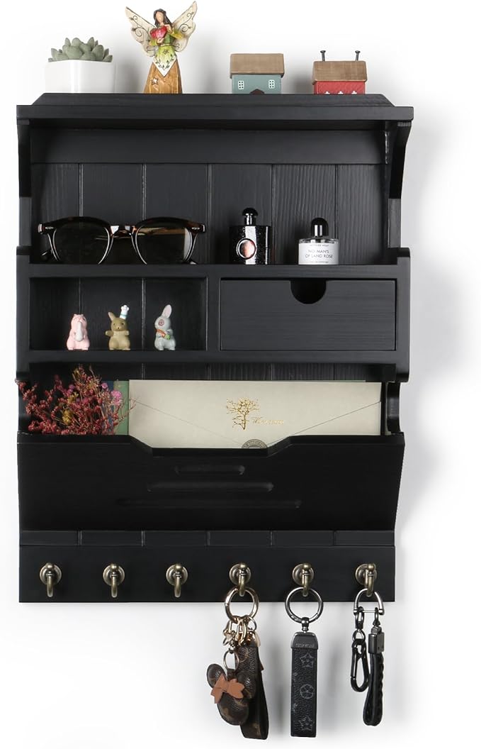 Wall Mail Organizer with Storage Drawer and 6 Hooks, Easy Install Key Rack for Entryway and Home Decor, Luxury Black