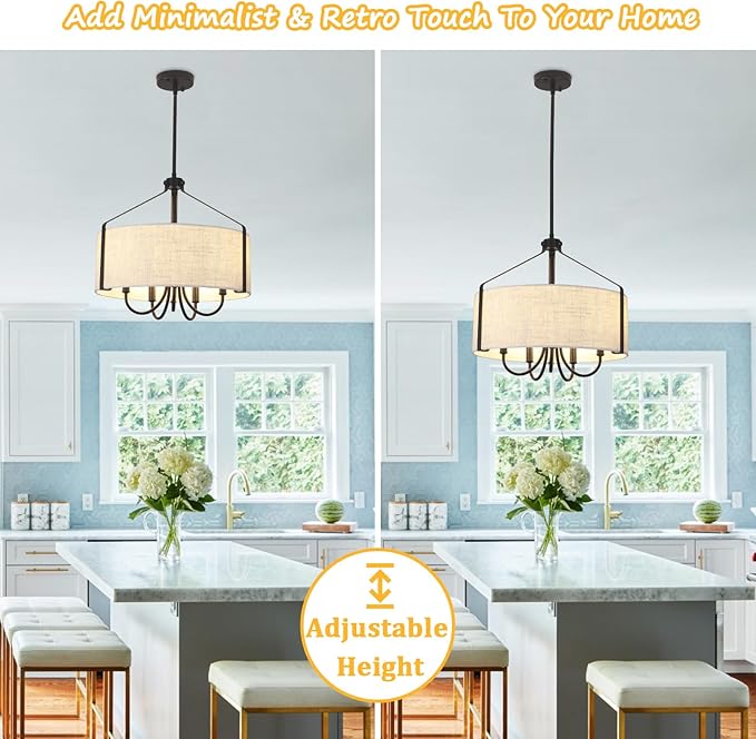 18'' Black Drum Chandelier for Dining Room Light Fixture 5-Light Modern Farmhouse Chandelier with Beige Linen Fabric Lampshade Large Drum Pendant Light Fixture for Kitchen Living Room Bedroom