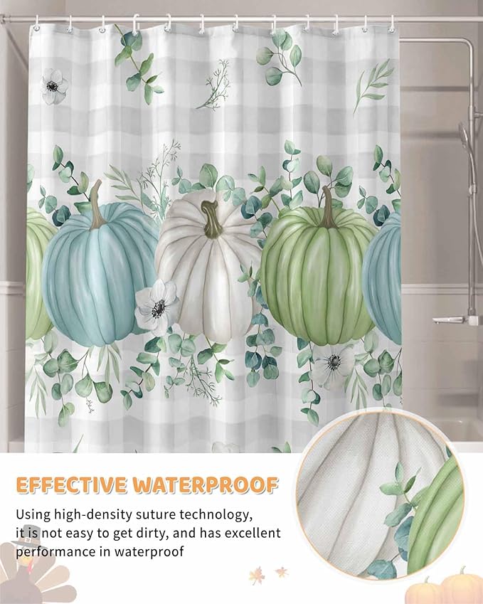 Fall Thanksgiving Shower Curtain, Autumn Pumpkins Eucalyptus Leaves Shower Curtains Set with Hooks, White Blue Green Gray Plaid Waterproof Fabric Bathroom Curtains Decor Accessories,Stall 48 X 72 Inch