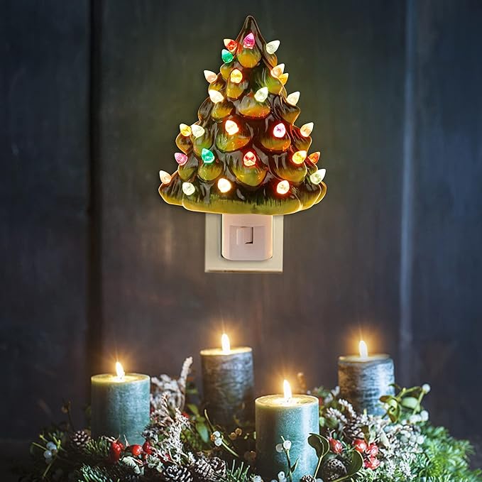 Hausse Christmas Ceramic Tree Night Light, Decorative Retro Christmas Tree Nightlight with Lamp, Multicolor Bulbs and 360 Degree Swivel Plug with ON/Off Switch for Kitchen Bathroom Bedroom Decor