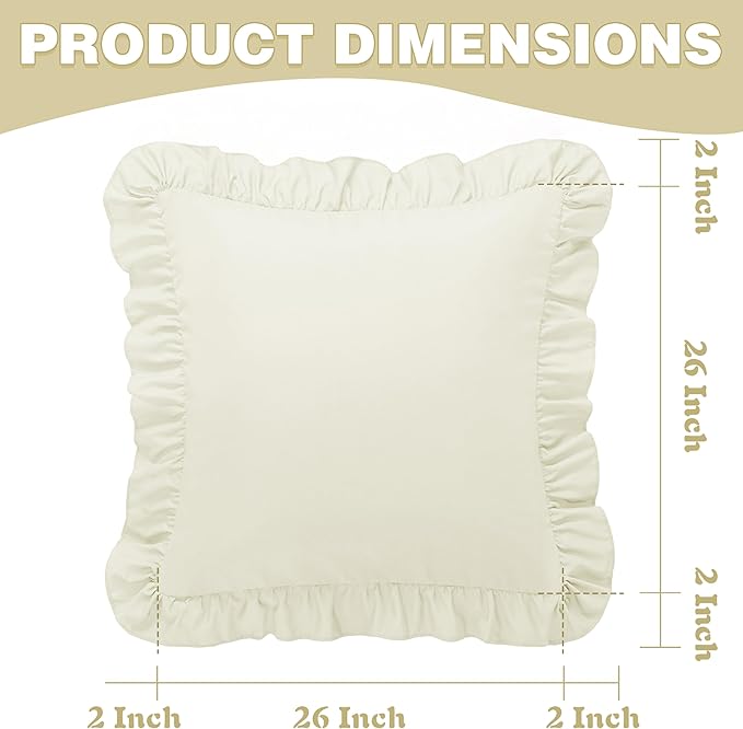 KKJIAF Ruffle Pillow Cases 26x26 Inches, Beige Square Ruffled Pillow Covers Set of 2, Microfiber Wrinkle Resistant Pillow Shams with Envelope Closure for Sofa Bed Living Room