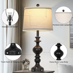 28" Black Farmhouse Table Lamps Set of 2, Rustic Lamp for Living Room with USB C+A Ports & AC Outlet, 3 Way Touch Control Resin Bedside Lamps, Retro Bedroom Lamp for Nightstand Side End Table Desk