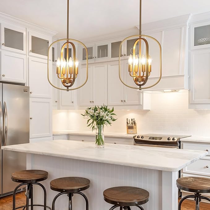 Gold Chandelier for Dining Room Light Fixture, 4 Light Entryway Light Fixture, Adjustable Modern Farmhouse Chandelier Foyer Lighting Fixtures Rustic Kitchen Chandelier for Entryway, Foyer, Living Room