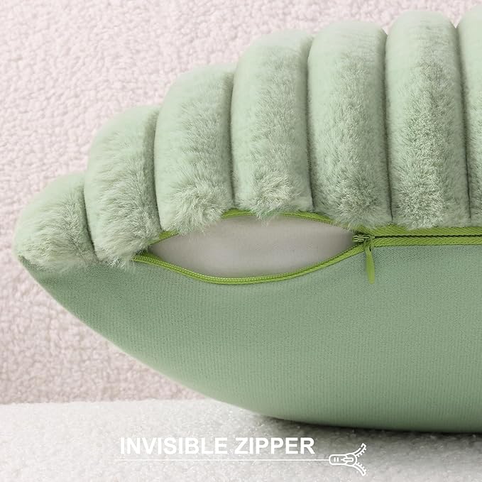 Pallene Faux Fur Plush Lumbar Throw Pillow Covers 12x20 Set of 2, Luxury Soft Fluffy Striped Decorative Pillow Covers for Sofa, Couch, Living Room, Sage Green
