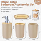 iMucci Bathroom Accessories Set 5Piece Beige Bathroom Sets, Toothbrush Holder, Toothbrush Cup, Lotion Soap Dispenser, Soap Dish and Qtip Holder Bathroom Decor
