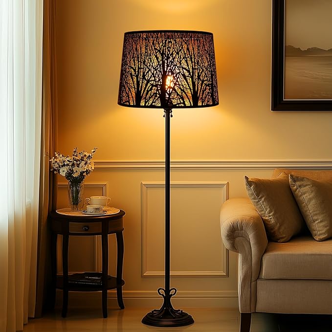 ALUCSET Metal Large Lampshade, Drum Lamp Shade 14" Top x 16" Bottom x 11" High, Lamp Shades for Table and Floor Lamps, Black Gold Finished Etched Forest Replacement Shade, Spider Fitter