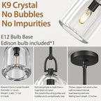 K9 Crystal Black Pendant Light Fixtures, Modern Farmhouse Pendant Lights Kitchen Island, Kitchen Pendant Light Over Island, Indoor Cloche Crystal Pendant Lighting,E12 Bulb Included