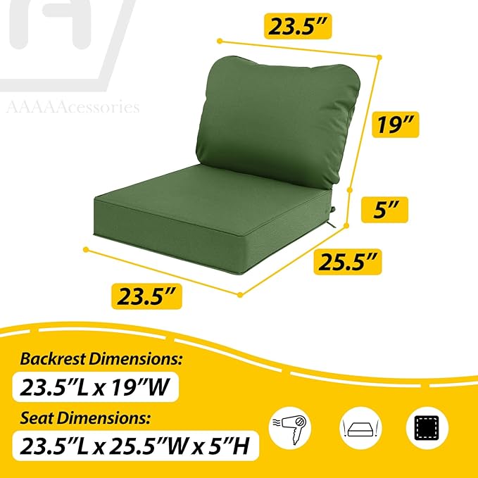 AAAAAcessories Outdoor Deep Seat Cushions, Waterproof, Fade-Resistant Patio Furniture Replacement Cushions, 23.5" x 25.5" x 5" + 23.5" x 19", Set of 2, Dark Moss Green