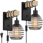Plug in Wall Light Farmhouse Wall Lamps Set of 2 for Bedroom Industrial Wood Sconces Wall Light Fixtures with Metal Cage Lampshade for Living Room Home Office