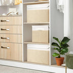 Large 17" 42 Quarts Collapsible Stackable Storage Bins with Lids [3-Pack] Foldable Fabric Linen Storage Boxes Cube, Closet Organizer Baskets with Label (16.7 x 12 x 12, Beige & White)