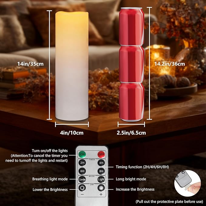 Kimjo 14" x 4" Large Outdoor Candles with Remote: Battery Operated LED Flameless Candles with Timer - Realistic Fake Waterproof Flickering Pillar Candles for Patio Porch Lanterns (White 2 Pack)