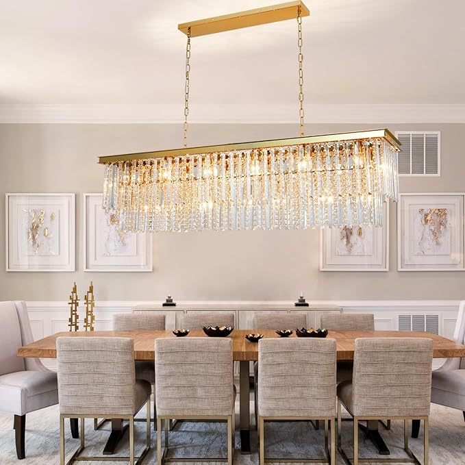 Gold Rectangular Crystal Chandelier Modern Rectangle Chandelier 21 Lights Oval Contemporary Ceiling Light Fixture for Dining Room Kitchen Island Living Room L55 Inch