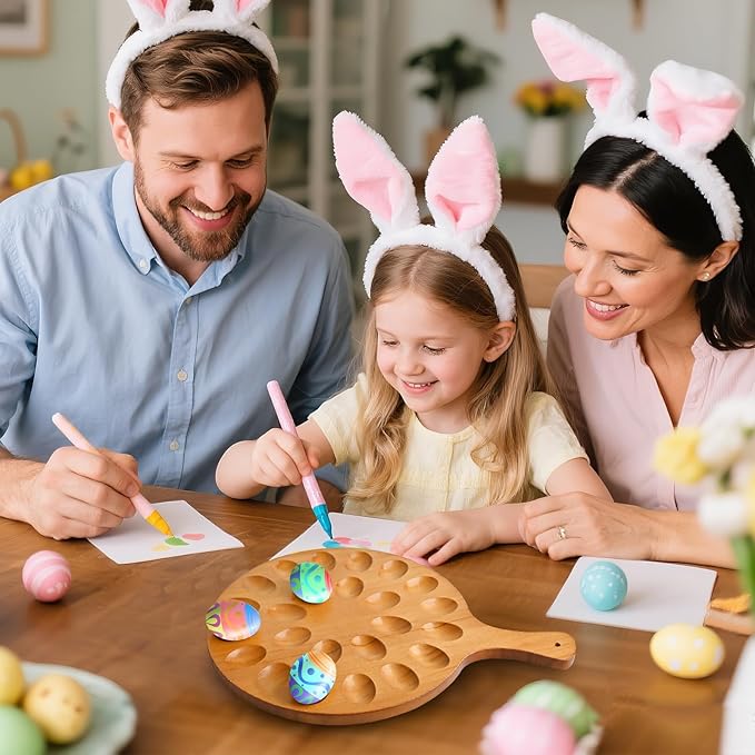 RERUICO Wood Deviled Egg Platter with Handles, 24 Holes Deviled Egg Serving Tray, Round Reversible Carrier for Kitchen Countertop,Easter Christmas,Thanksgiving