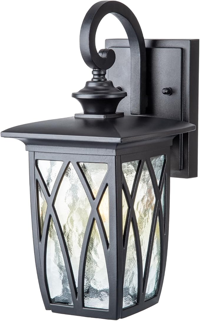 JYZ Outdoor Porch Light Wall Mount,14'' Exterior Waterproof Wall Lighting Fixtures,Wall Sconce Light with E26 Socket & Water Ripple Glass Shades, Matte Black Outside Wall Lantern for Patio Front Door