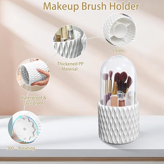 Makeup Brush Holder, 360° Rotating Makeup Brush Organizer with 5 Slots, Clear Dustproof Makeup Brush Holder with Lid, Make Up Organizers for Vanity Bathroom Countertop