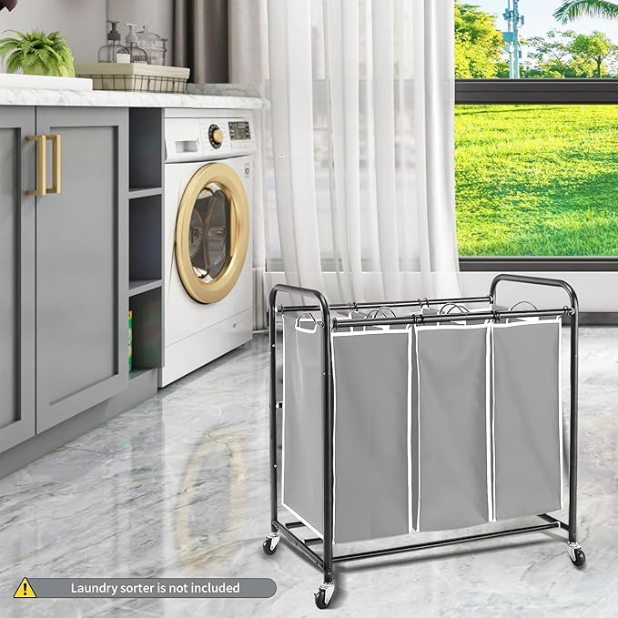 3 Bag Laundry Sorter Replacement Bags, Augot Large Hamper Cart Removable Replacement Bags with 6Pcs Hangers and Carry Handle, Laundry Organizer Storage Case 21"H×15"L×9"W