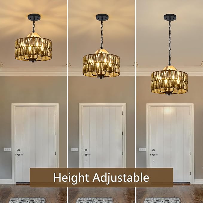 Antique Dining Room Light Fixture, 4-Light Rattan Pendant Light with Drum Shade, Adjustable Woven Wicker Ceiling Hanging Light, Farmhouse Boho Chandelier for Living Room Kitchen Island