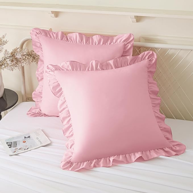 KKJIAF Ruffle Pillow Cases 24x24 Inches, Light Pink Square Ruffled Pillow Covers Set of 2, Microfiber Wrinkle Resistant Pillow Shams with Envelope Closure for Sofa Bed Living Room