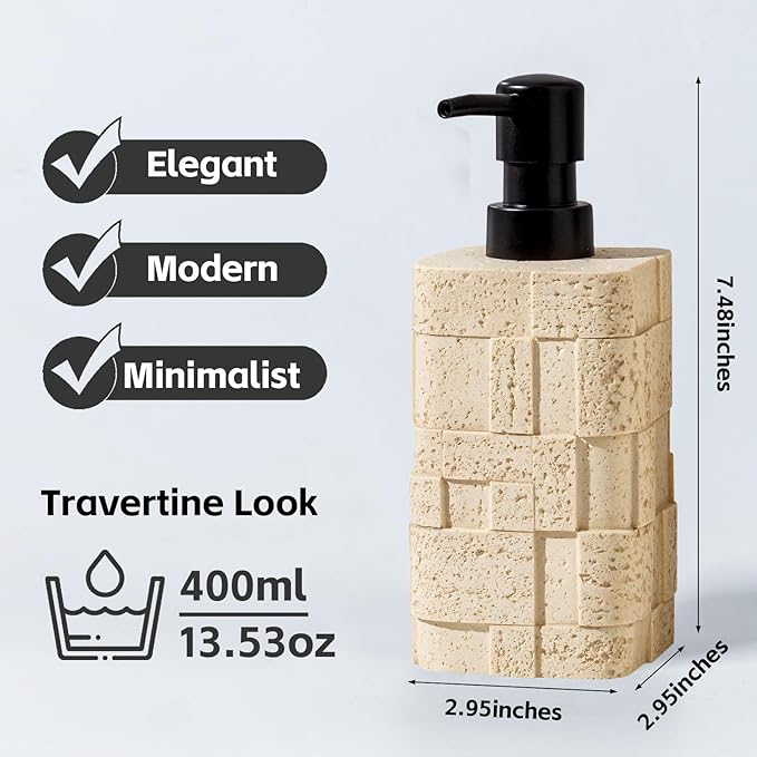Soap Dispensers 400mL 13.5 OZ, 2 PCS Luxurious Hand Dish Lotion Shampoo Soap Dispenser Jar, Travertine Stone Look Soap Pump Bottles for Kitchen Bathroom Countertop (Yellow)