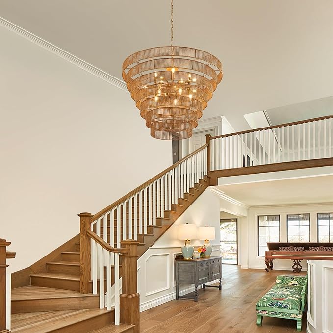 39.4" Large Hand-Woven Rattan Chandelier Vintage Farmhouse 15-Lights Boho Bamboo Chandelier Light Fixture Retro Drum Wicker Rattan Golden Chandeliers for Dining Room, Kitchen, Living Room, E12