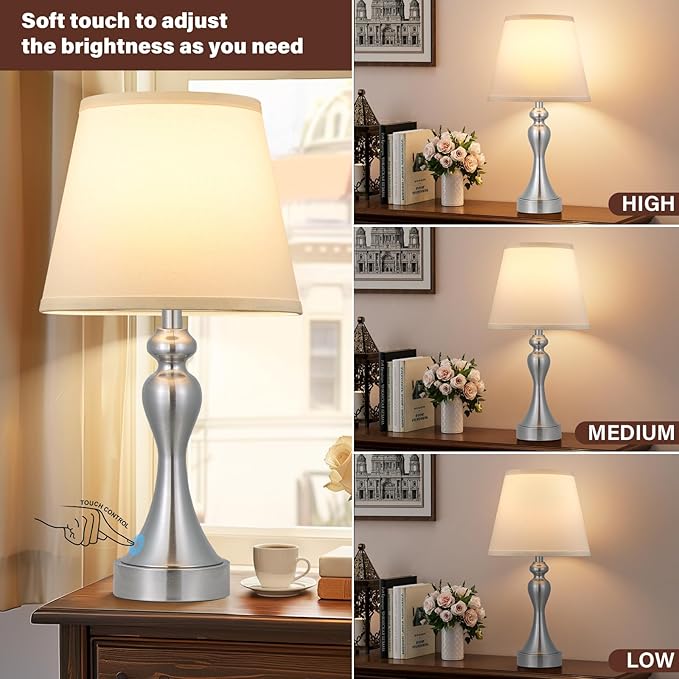 Seealle Touch Lamps for Night Stands - Bedside Lamps Set of 2, 3 Way Dimmable, USB C+A for Bedroom & End Tables (White&Nickel)
