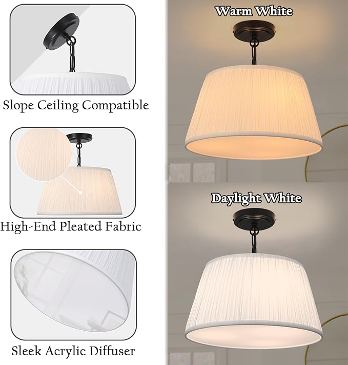 Electro bp; 15”Dia White Pleated Drum Shade Close to Ceiling Light Fixture Modern Classic Brocade Fabric Cone Shape Semi-Flush Mount,Matte Black Painted,3 Sockets,E26,180W,Large;