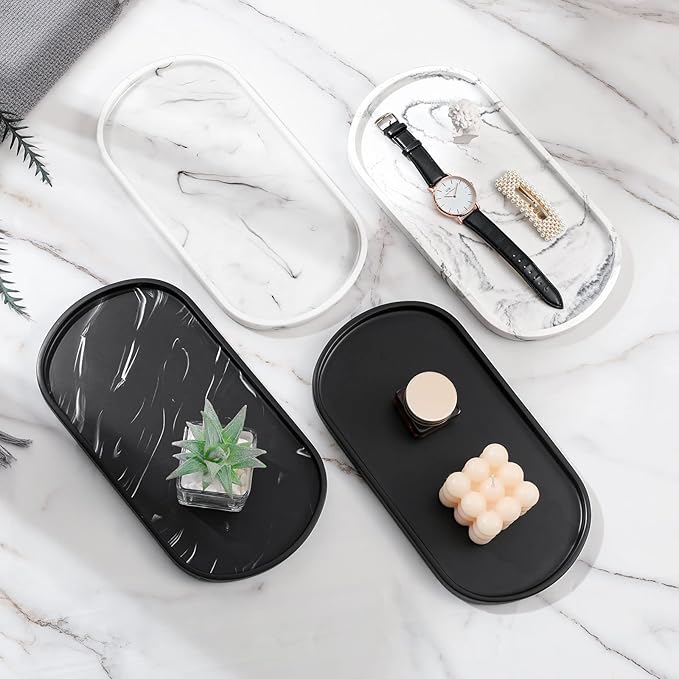 Luxspire Resin Vanity Tray, Toilet Tank Oval Storage Tray, Soap Tray Bathtub Tray Bathroom Countertop Organization for Towel Plant Bathtub Accessories Ring Holder Jewelry Organizer, M, Matte Black