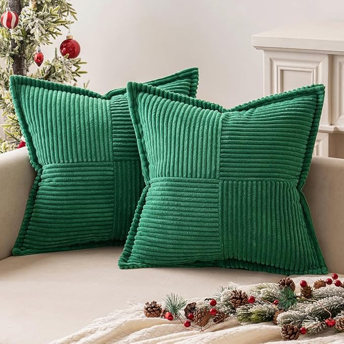 MIULEE Christmas Decorative Throw Pillow Covers for Couch Bed Livingroom 18x18 Inch Set of 2 Emerald Green Boho Accent Throw Pllows Broadside Striped Patchwork Soft Corduroy Pillowcases