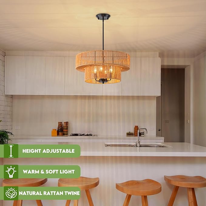 Rattan Pendant Light Boho Wicker Chandelier Kitchen Island Lighting 2-Tier Drum Basket Hanging Light Woven Shade Dinning Room Light Fixture Living Room Bedroom Entrance Farmhouse Chandeliers