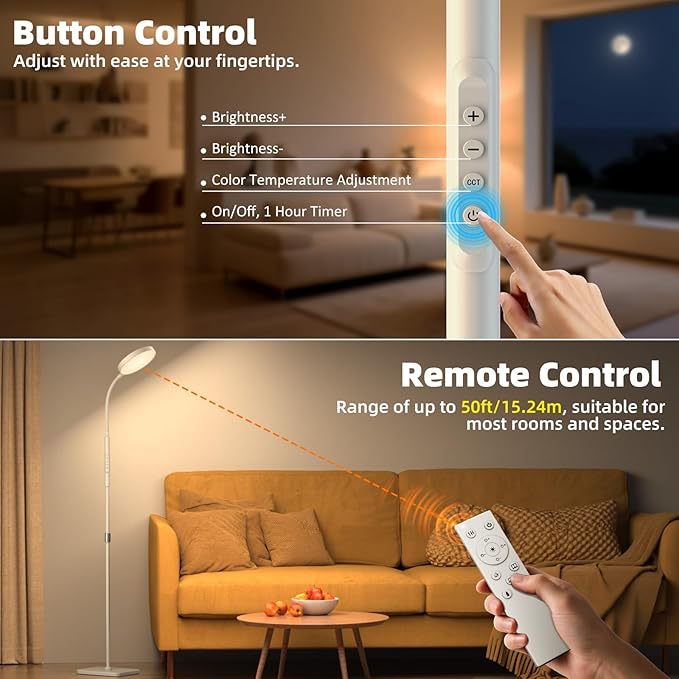 Floor Lamp, Adjustable Height Floor Lamps for Living Room Bedroom, 120 LED Super Bright Standing Lamp Remote & Touch Control Dimmable Gooseneck Tall Stand Reading Lamp for Office Craft, White
