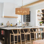 Hand-Woven Rattan Chandelier Vintage Farmhouse Boho Bamboo Golden Chandelier Light Fixture Retro Drum Wicker Gold Chandeliers for Dining Room, Kitchen Island, Living Room