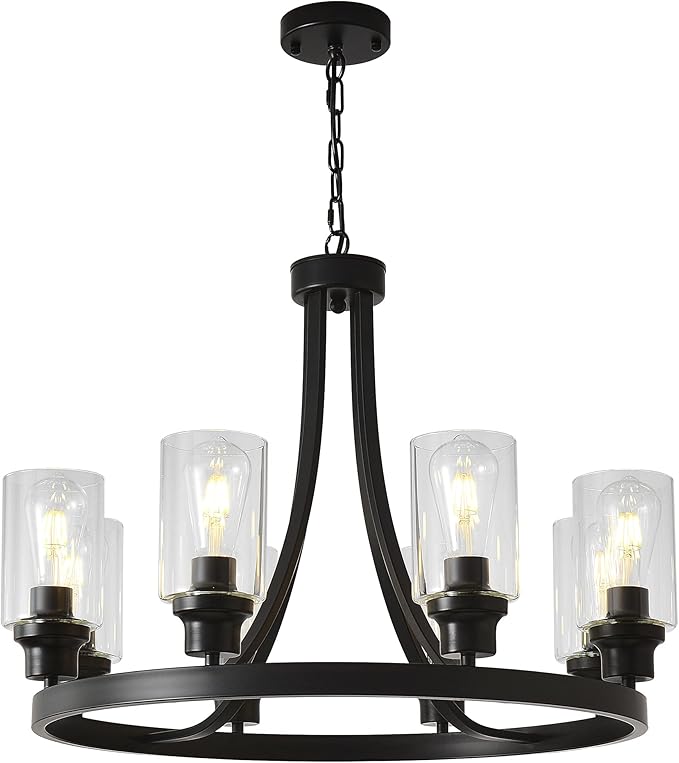 Black Chandelier 8 Lights, Kitchen Island Lighting Industrial Chandelier with Clear Glass Shade, Farmhouse Pendant Light for Dining Room Living Room Bedroom