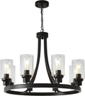 Black Chandelier 8 Lights, Kitchen Island Lighting Industrial Chandelier with Clear Glass Shade, Farmhouse Pendant Light for Dining Room Living Room Bedroom