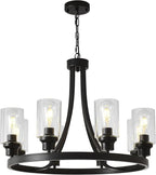 Black Chandelier 8 Lights, Kitchen Island Lighting Industrial Chandelier with Clear Glass Shade, Farmhouse Pendant Light for Dining Room Living Room Bedroom