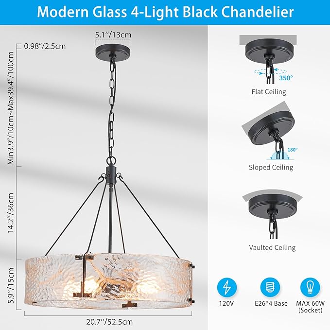 XINGQI Black Glass Chandeliers Modern 4-Light Farmhouse Pendant Lighting Fixtures Elegant Round Chandeliers for Dining Room Kitchen Island Living Room Entryway