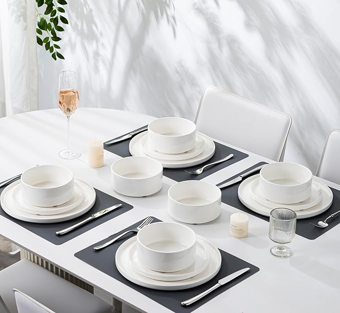 16 Pieces Porcelain Plates and Bowls Set, White Dinnerware Set for 4, Microwave and Dishwasher Safe - Scratch Resistant and Easy Clean, QOMO-1996