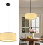 16'' Modern Chandelier, 3-Light Drum Chandelier with Classic Fabric Linen Shade, Farmhouse Adjustable Pendant Light Fixture for Dining Room, Bedroom, and Kitchen