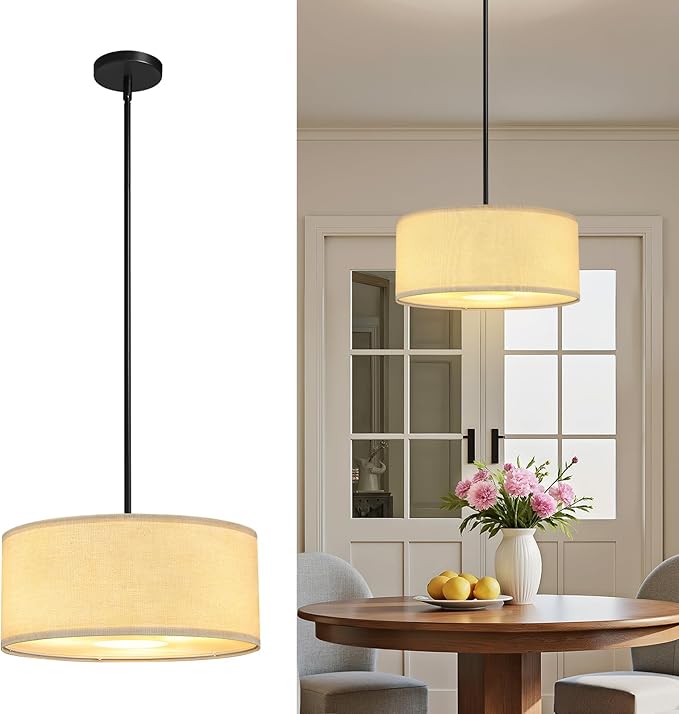 16'' Modern Chandelier, 3-Light Drum Chandelier with Classic Fabric Linen Shade, Farmhouse Adjustable Pendant Light Fixture for Dining Room, Bedroom, and Kitchen