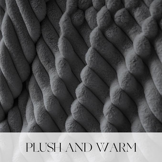 MOSAYT Throw Blanket for Couch or Bed, Super Soft Faux Rabbit Fur, Elegant Ruched Design, Grey Cozy Blanket (60x80 Inch)