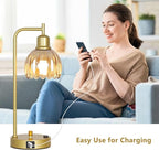 Mid Century Table Lamp With USB Port And Outlet Set Of 2, Amber Glass Bedside Table Lamp For Bedroom, Retro Desk Lamps For Home Office, Vintage Night Stand Lamps, Modern Gold Industrial Desk Light