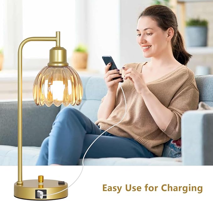 Mid Century Table Lamp With USB Port And Outlet Set Of 2, Amber Glass Bedside Table Lamp For Bedroom, Retro Desk Lamps For Home Office, Vintage Night Stand Lamps, Modern Gold Industrial Desk Light